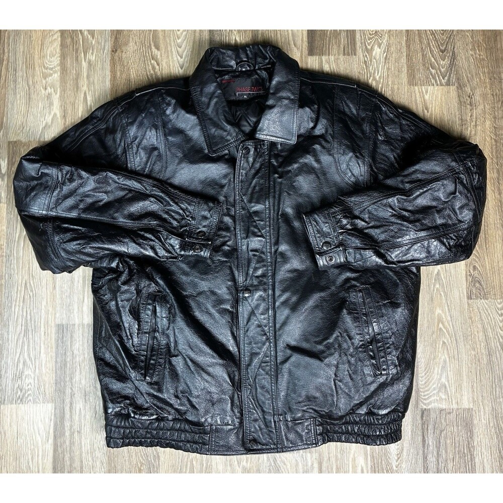 Phase Two Leather Jacket Mens XL Black Bomber Full Zip Insulated Lined Pockets